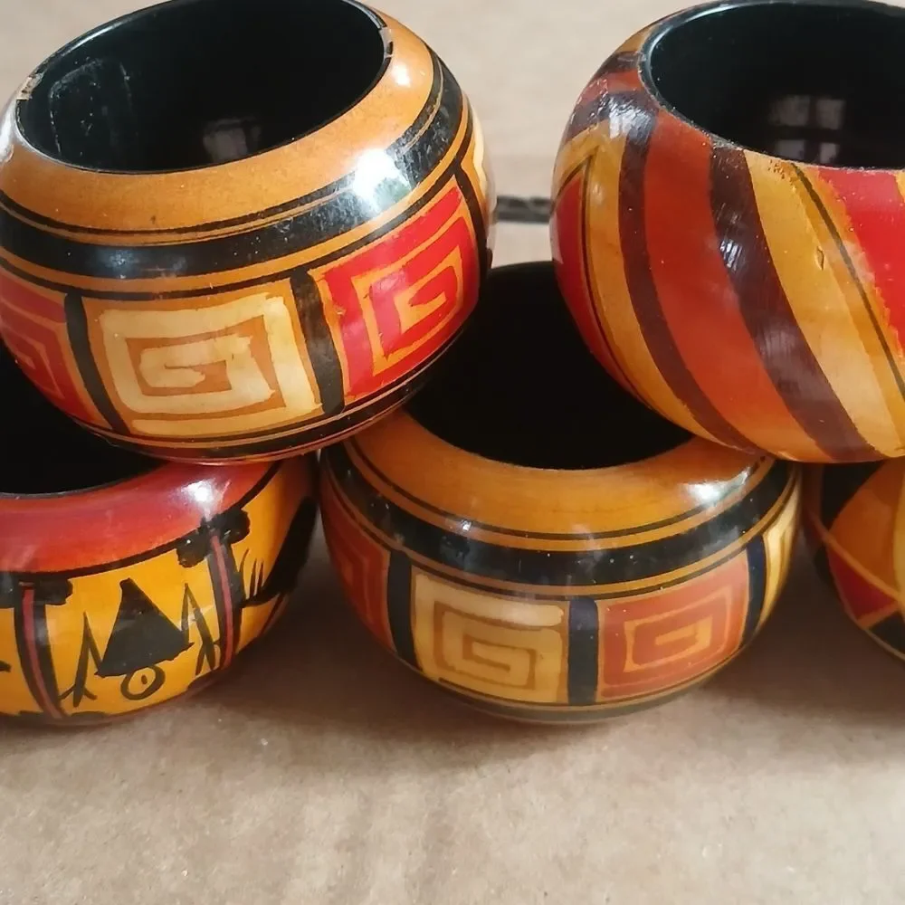 Vintage 70's Hand Carved Napkin Rings Wood Polished Artisan Ethnic